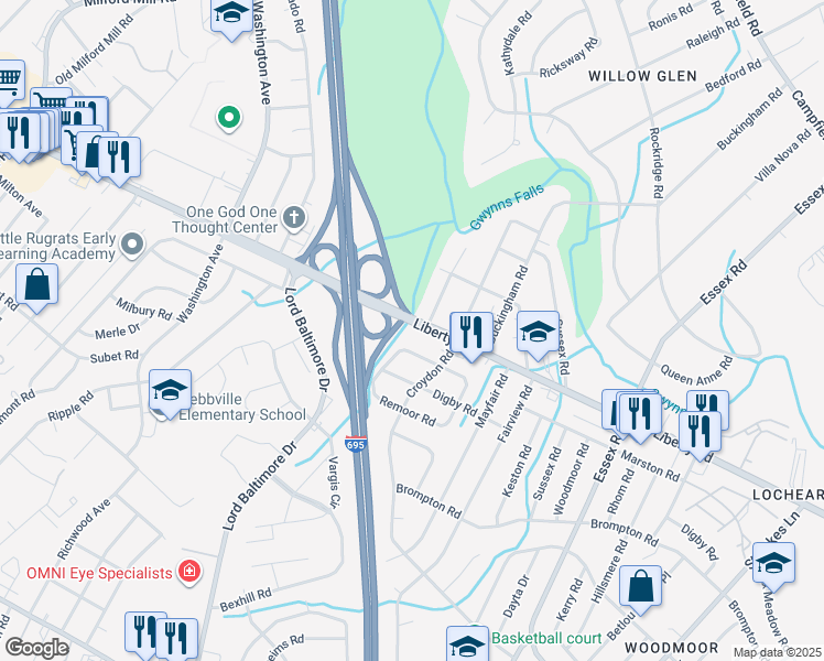 map of restaurants, bars, coffee shops, grocery stores, and more near 7513 Liberty Road in Baltimore