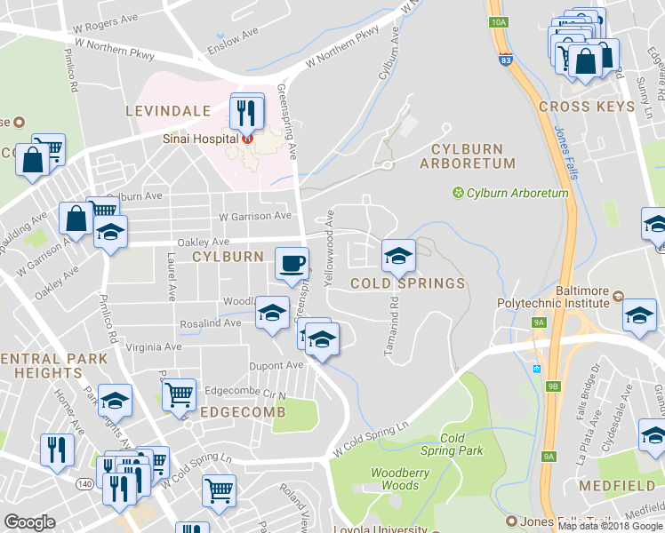 map of restaurants, bars, coffee shops, grocery stores, and more near Sundew Terrace in Baltimore