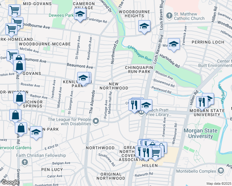 map of restaurants, bars, coffee shops, grocery stores, and more near 4638 Northwood Drive in Baltimore