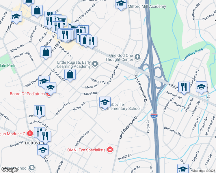 map of restaurants, bars, coffee shops, grocery stores, and more near 3417 Washington Avenue in Baltimore