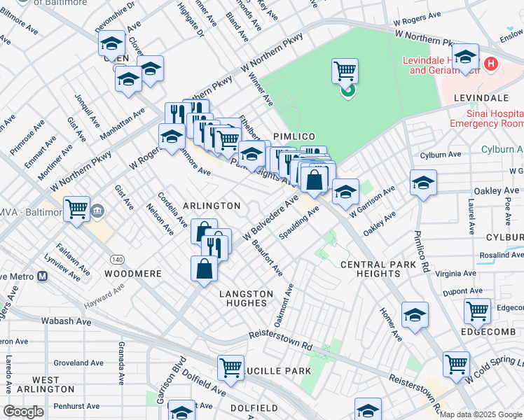 map of restaurants, bars, coffee shops, grocery stores, and more near 5201 Elmer Avenue in Baltimore