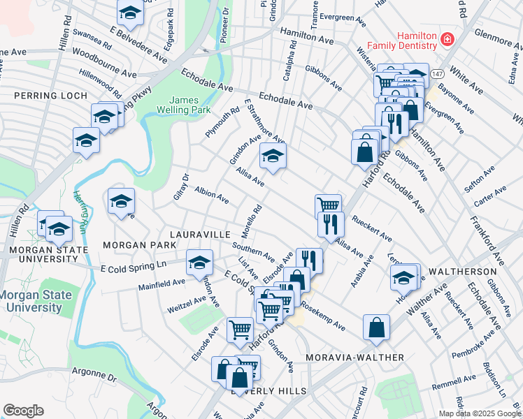 map of restaurants, bars, coffee shops, grocery stores, and more near 4915 Morello Road in Baltimore