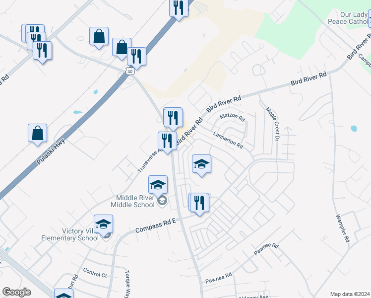 map of restaurants, bars, coffee shops, grocery stores, and more near 908 Lowe Road in Middle River