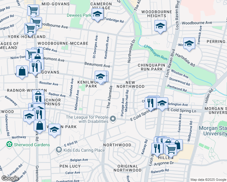 map of restaurants, bars, coffee shops, grocery stores, and more near 1260 Rossiter Ave in Baltimore