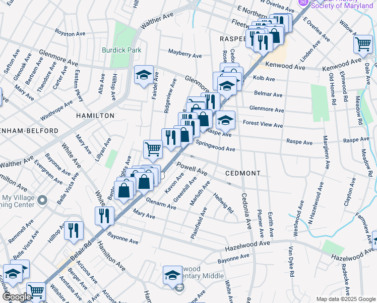 map of restaurants, bars, coffee shops, grocery stores, and more near 6023 Belair Road in Baltimore