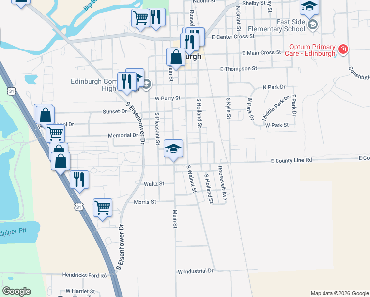 map of restaurants, bars, coffee shops, grocery stores, and more near 602 South Walnut Street in Edinburgh