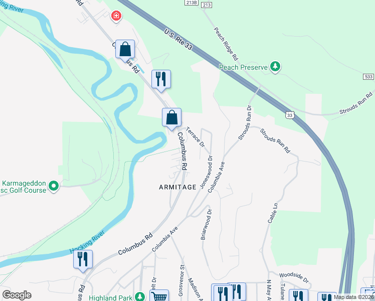 map of restaurants, bars, coffee shops, grocery stores, and more near 95 Columbus Road in Athens