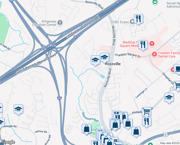 map of restaurants, bars, coffee shops, grocery stores, and more near 36 Buttonwood Court in Rosedale