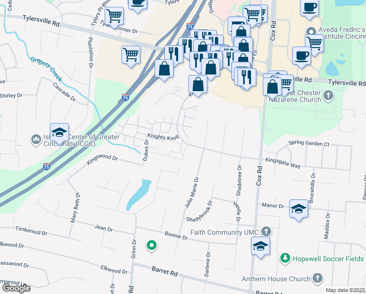 map of restaurants, bars, coffee shops, grocery stores, and more near 1 Queens Court in Butler County