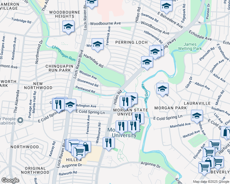 map of restaurants, bars, coffee shops, grocery stores, and more near 1648 Pentwood Road in Baltimore