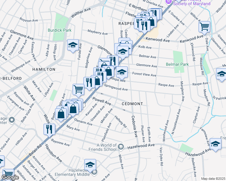 map of restaurants, bars, coffee shops, grocery stores, and more near 4221 Springwood Avenue in Baltimore