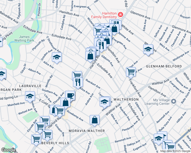 map of restaurants, bars, coffee shops, grocery stores, and more near 5109 Richard Avenue in Baltimore