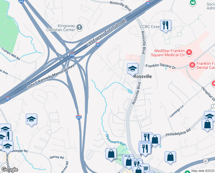 map of restaurants, bars, coffee shops, grocery stores, and more near 6805 Bensel Avenue in Rosedale