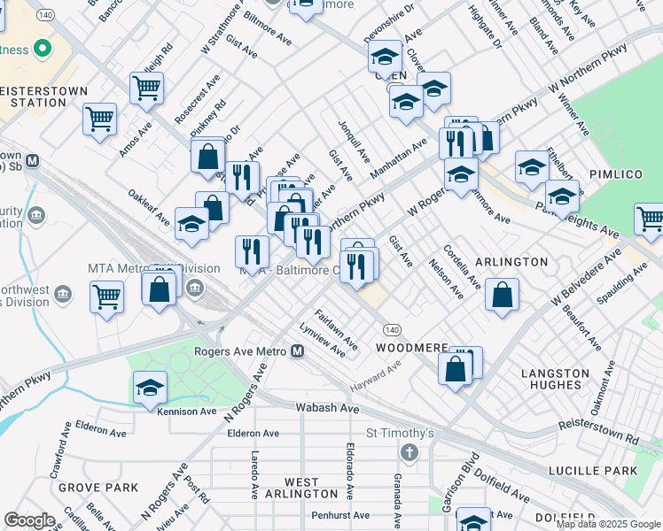 map of restaurants, bars, coffee shops, grocery stores, and more near 5505 1/2 Reisterstown Road in Baltimore