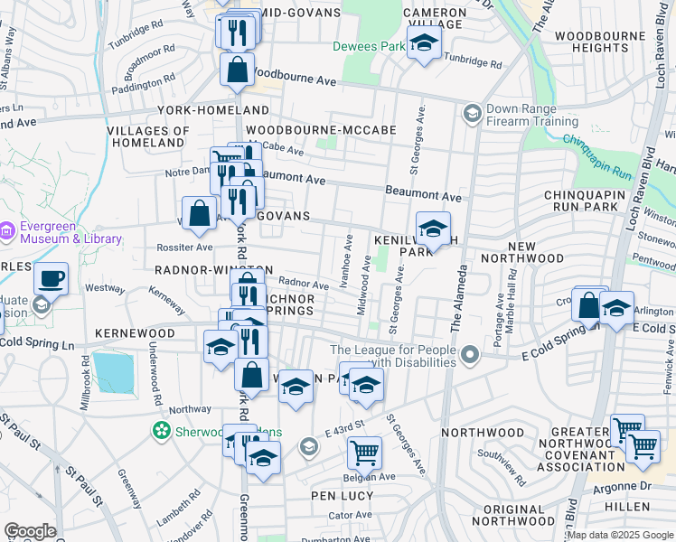 map of restaurants, bars, coffee shops, grocery stores, and more near 4918 Ivanhoe Avenue in Baltimore