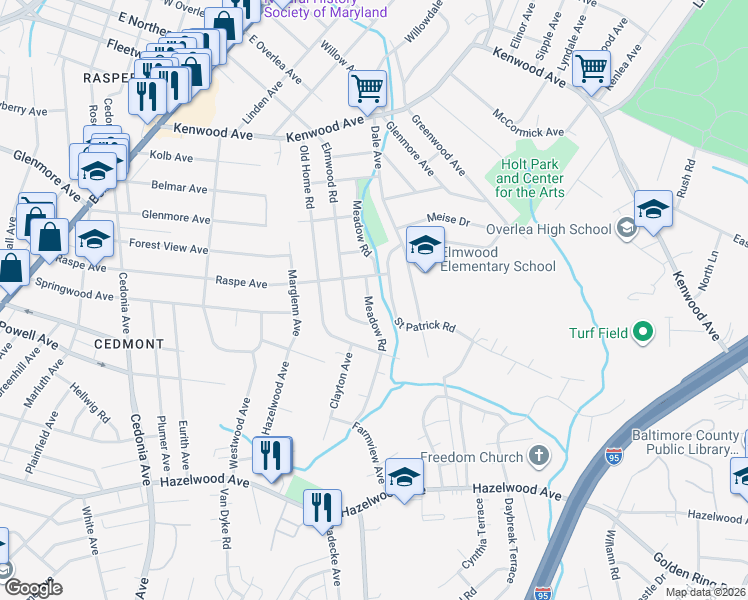 map of restaurants, bars, coffee shops, grocery stores, and more near 429 Meadow Road in Baltimore