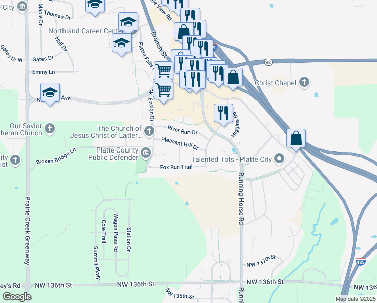 map of restaurants, bars, coffee shops, grocery stores, and more near 2901 Willow Terrace in Platte City
