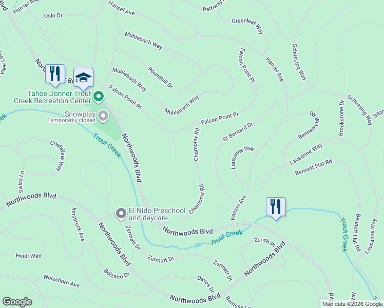 map of restaurants, bars, coffee shops, grocery stores, and more near 11812 Chamonix Road in Truckee