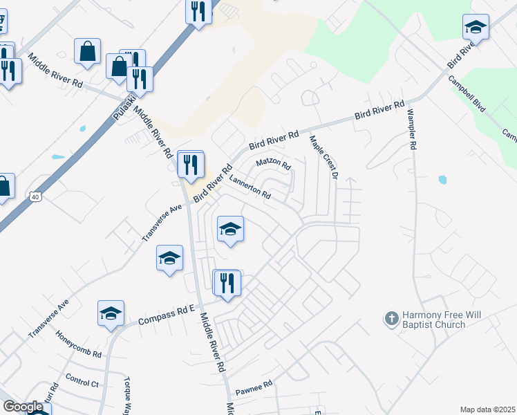 map of restaurants, bars, coffee shops, grocery stores, and more near 9848 Decatur Road in Middle River