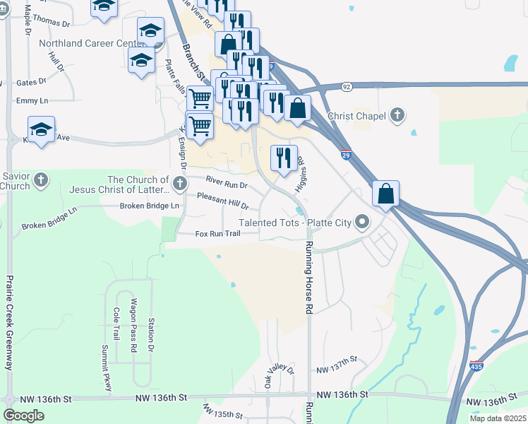 map of restaurants, bars, coffee shops, grocery stores, and more near 2900 Maple Farm Road in Platte City