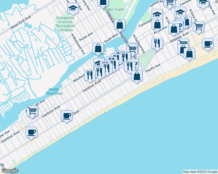 map of restaurants, bars, coffee shops, grocery stores, and more near 4103 Atlantic Avenue in Atlantic City