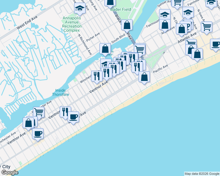 map of restaurants, bars, coffee shops, grocery stores, and more near 35 South Laclede Place in Atlantic City