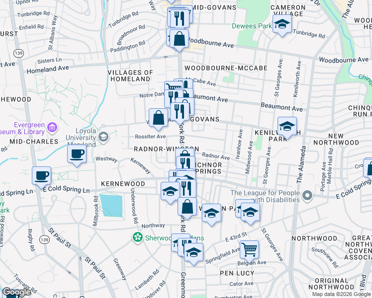 map of restaurants, bars, coffee shops, grocery stores, and more near 4901 York Road in Baltimore