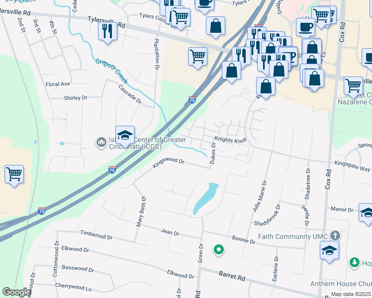 map of restaurants, bars, coffee shops, grocery stores, and more near 7395 Saxony Drive in Butler County