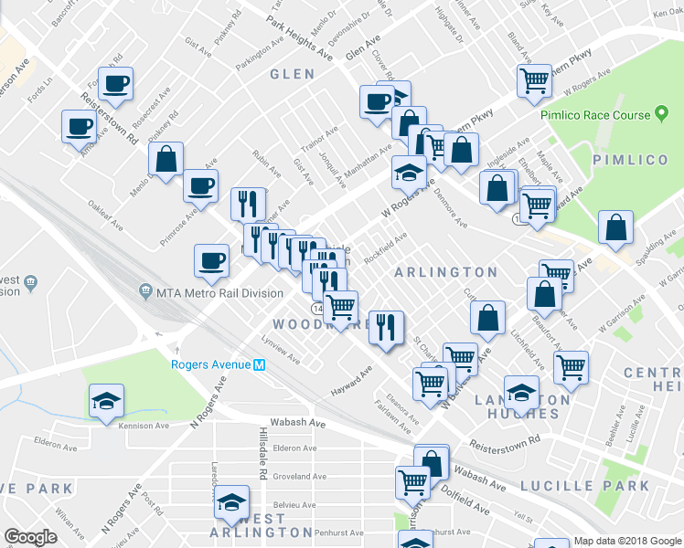 map of restaurants, bars, coffee shops, grocery stores, and more near 5432 Price Avenue in Baltimore
