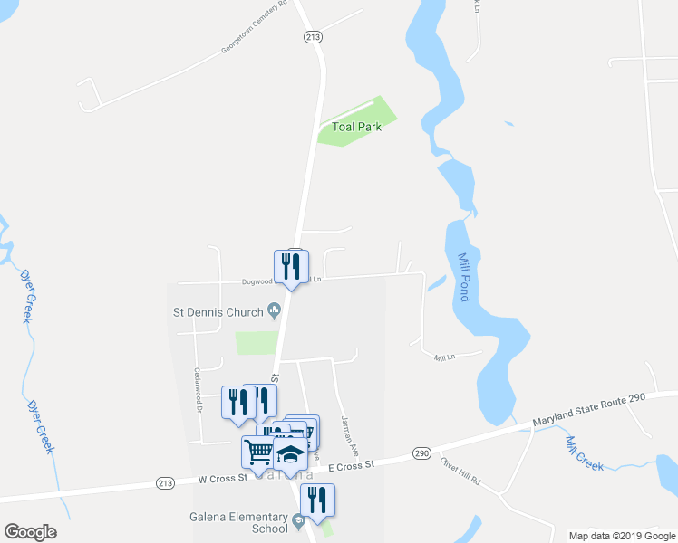 map of restaurants, bars, coffee shops, grocery stores, and more near 606 Mill Lane in Galena
