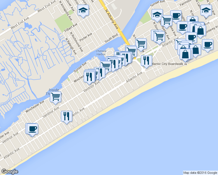 map of restaurants, bars, coffee shops, grocery stores, and more near 4103 Atlantic Avenue in Atlantic City