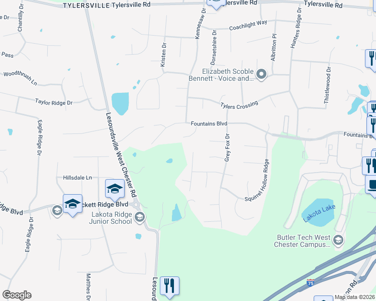 map of restaurants, bars, coffee shops, grocery stores, and more near 8197 Paddington Court in Butler County