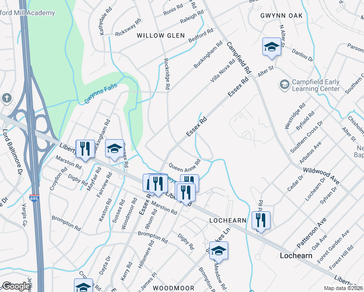 map of restaurants, bars, coffee shops, grocery stores, and more near 3901 Essex Road in Pikesville