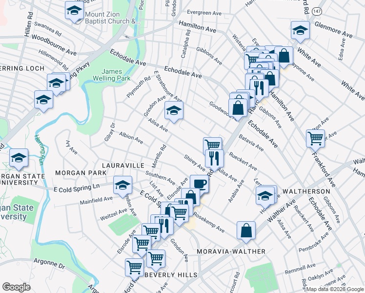 map of restaurants, bars, coffee shops, grocery stores, and more near 2801 Ailsa Avenue in Baltimore