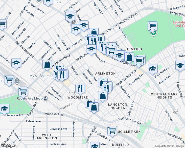 map of restaurants, bars, coffee shops, grocery stores, and more near 5329 Cordelia Avenue in Baltimore