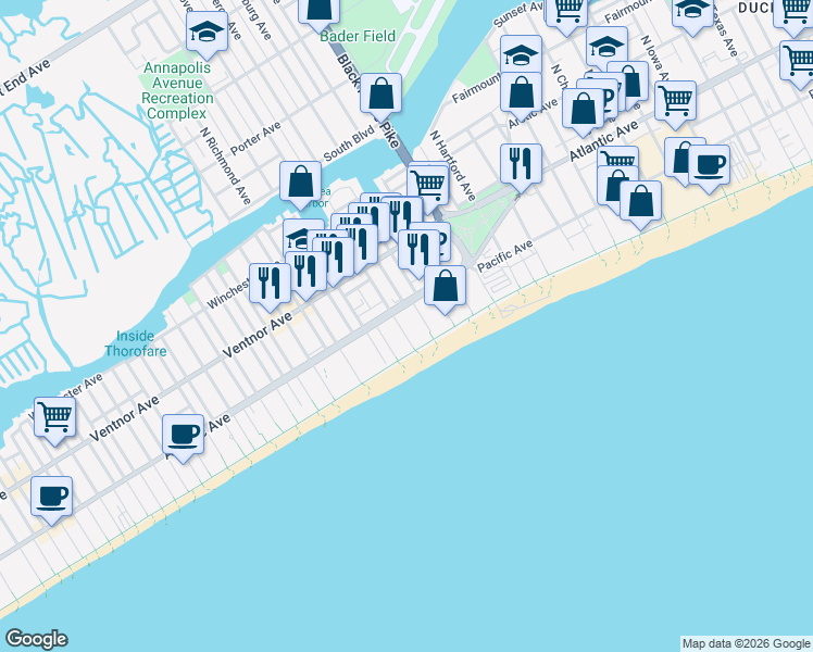 map of restaurants, bars, coffee shops, grocery stores, and more near 112 South Dover Avenue in Atlantic City