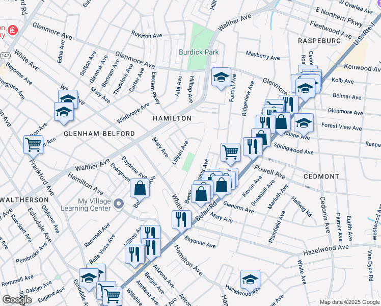 map of restaurants, bars, coffee shops, grocery stores, and more near 5925 Fairwood Avenue in Baltimore