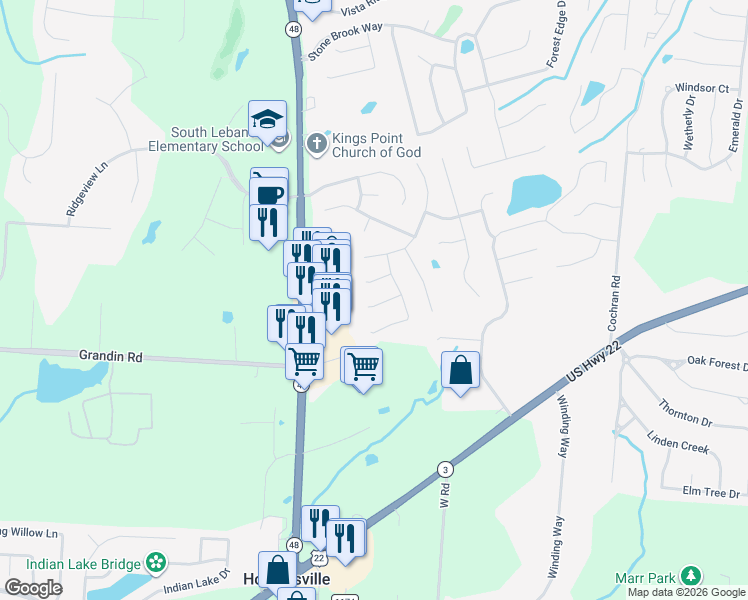 map of restaurants, bars, coffee shops, grocery stores, and more near 132 Arbor Glen Court in Maineville