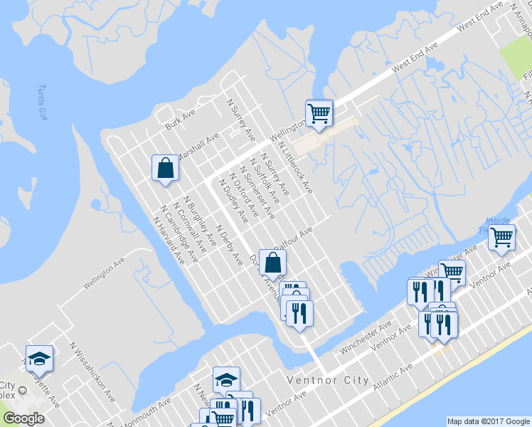map of restaurants, bars, coffee shops, grocery stores, and more near 502 North Somerset Avenue in Ventnor City