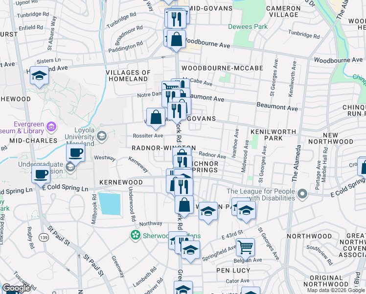 map of restaurants, bars, coffee shops, grocery stores, and more near 4901 York Road in Baltimore