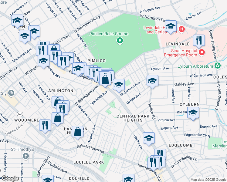 map of restaurants, bars, coffee shops, grocery stores, and more near 5011 Park Heights Avenue in Baltimore