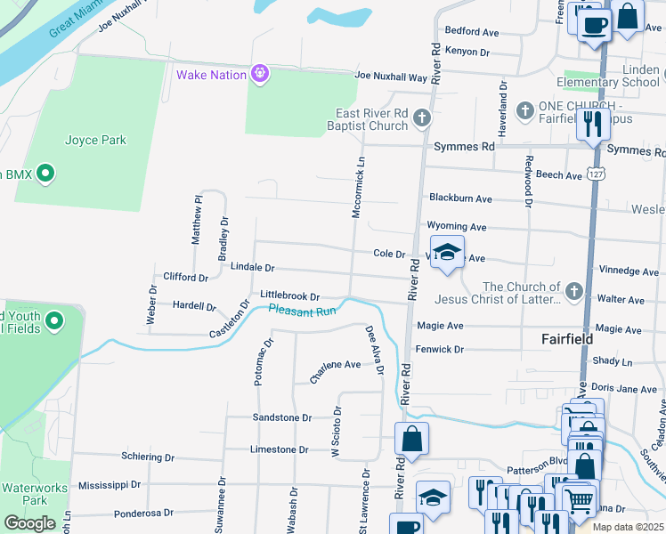 map of restaurants, bars, coffee shops, grocery stores, and more near 170 Lindale Drive in Fairfield