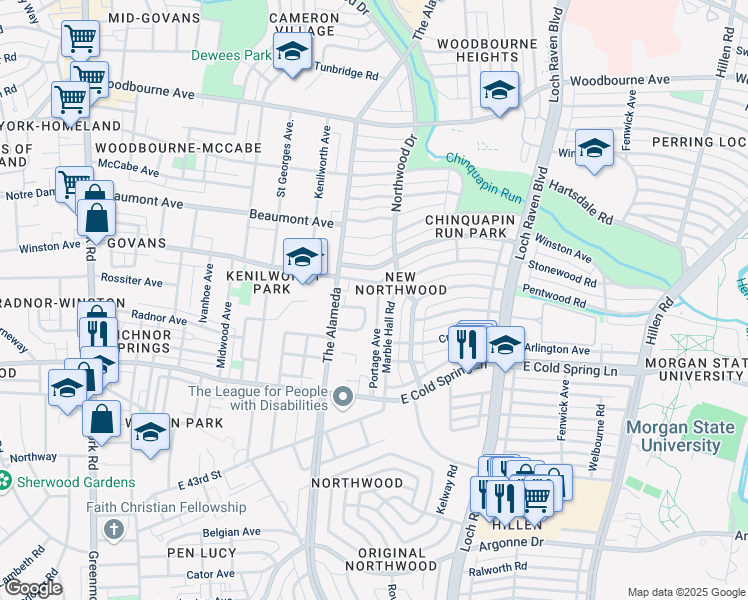 map of restaurants, bars, coffee shops, grocery stores, and more near 1260 Rossiter Avenue in Baltimore