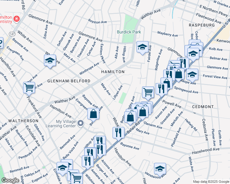 map of restaurants, bars, coffee shops, grocery stores, and more near 3827 Glenarm Avenue in Baltimore