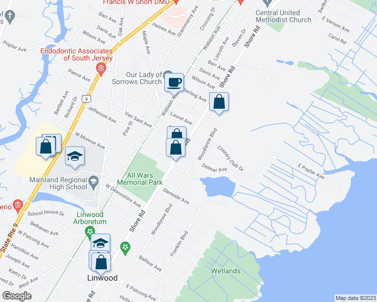 map of restaurants, bars, coffee shops, grocery stores, and more near 1010 Shore Road in Linwood