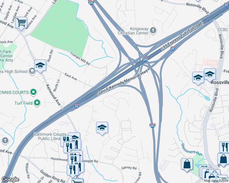 map of restaurants, bars, coffee shops, grocery stores, and more near 6 Chriswell Court in Rosedale