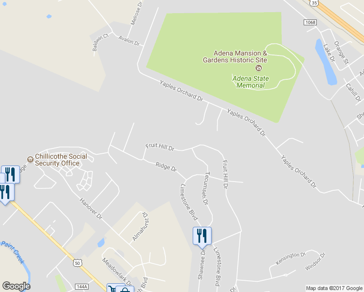 map of restaurants, bars, coffee shops, grocery stores, and more near 91 Fruit Hill Drive in Chillicothe