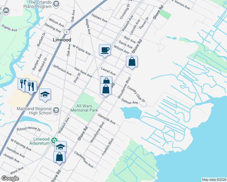 map of restaurants, bars, coffee shops, grocery stores, and more near 1010 Shore Road in Linwood