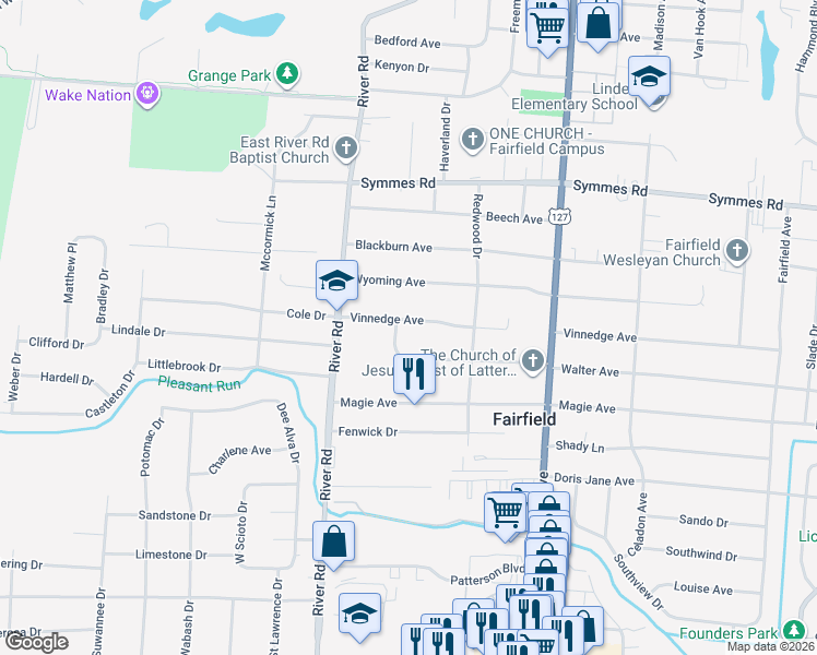 map of restaurants, bars, coffee shops, grocery stores, and more near 397 Vinnedge Avenue in Fairfield