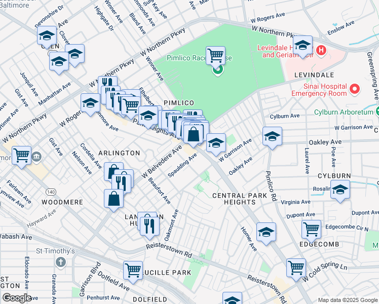 map of restaurants, bars, coffee shops, grocery stores, and more near 5116 Maryland 129 in Baltimore